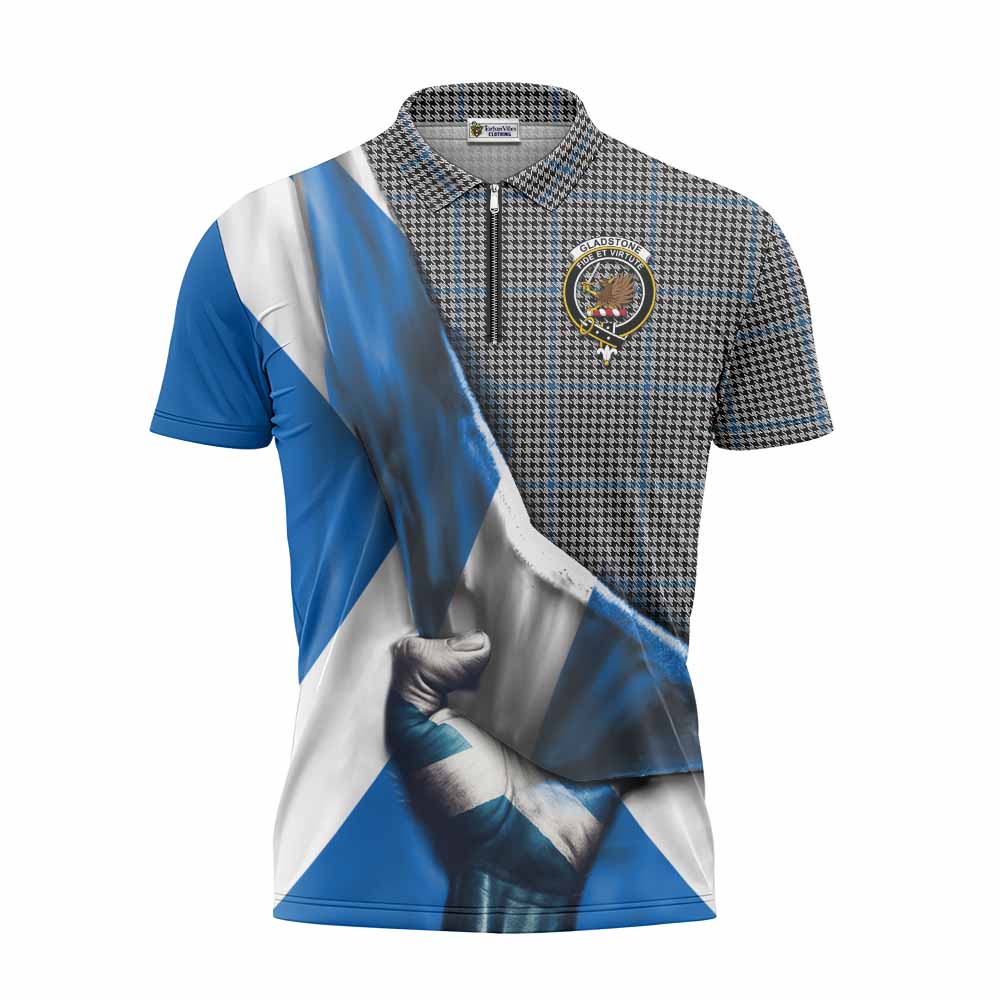 Tartan Vibes Clothing Gladstone (Gladstanes) Tartan Zipper Polo Shirt with Family Crest Scotland Patriotic Style