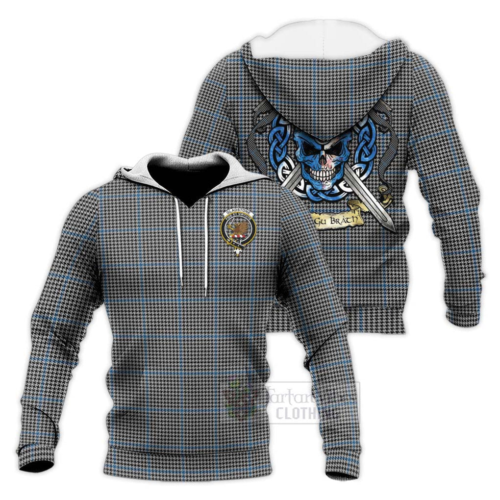 Tartan Vibes Clothing Gladstone (Gladstanes) Tartan Knitted Hoodie with Family Crest Celtic Skull Style