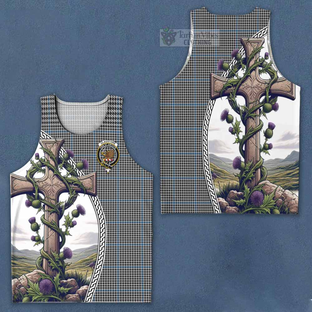 Tartan Vibes Clothing Gladstone (Gladstanes) Tartan Men's Tank Top with Family Crest and St. Andrew's Cross Accented by Thistle Vines