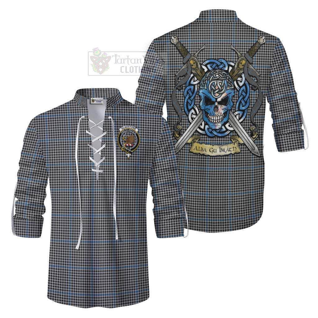 Tartan Vibes Clothing Gladstone (Gladstanes) Tartan Ghillie Kilt Shirt with Family Crest Celtic Skull Style