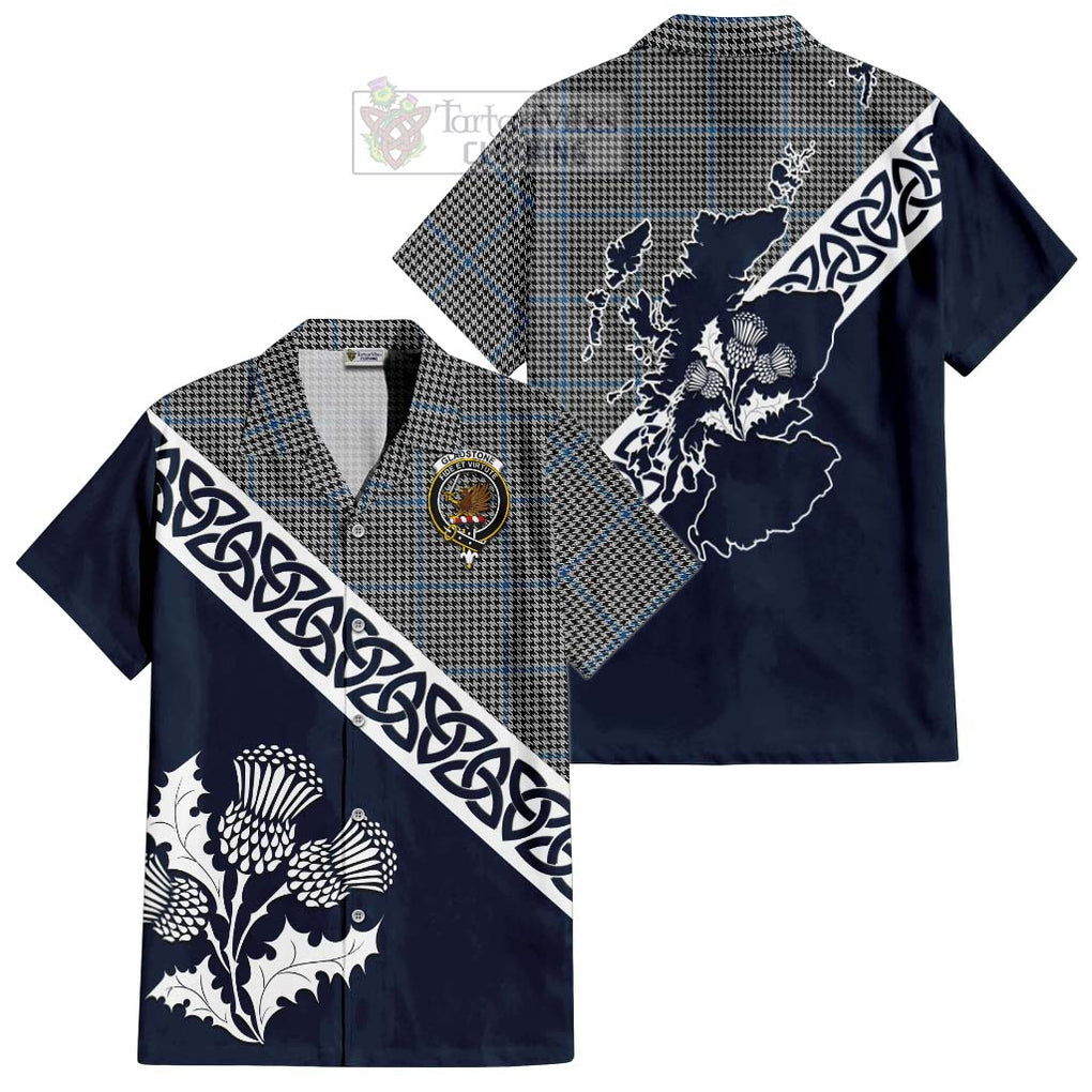 Tartan Vibes Clothing Gladstone (Gladstanes) Tartan Short Sleeve Button Shirt Featuring Thistle and Scotland Map