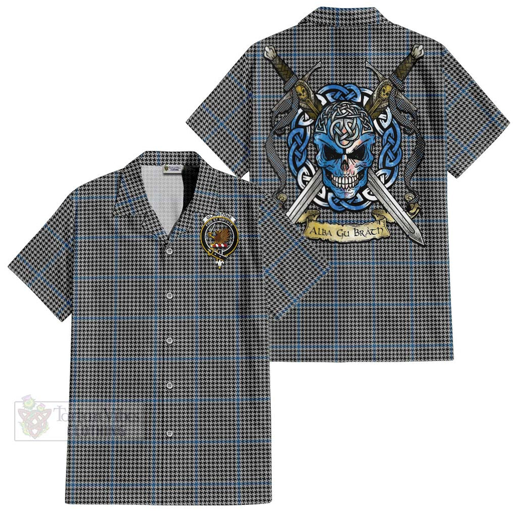 Tartan Vibes Clothing Gladstone (Gladstanes) Tartan Short Sleeve Button Shirt with Family Crest Celtic Skull Style