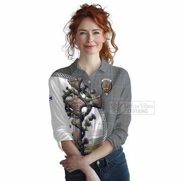 Gladstone (Gladstanes) Tartan Women's Casual Shirt with Family Crest and St. Andrew's Cross Accented by Thistle Vines Female - Tartan Vibes Clothing