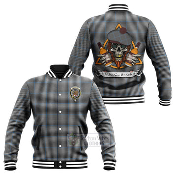 Gladstone (Gladstanes) Tartan Baseball Jacket with Family Crest and Bearded Skull Holding Bottles of Whiskey