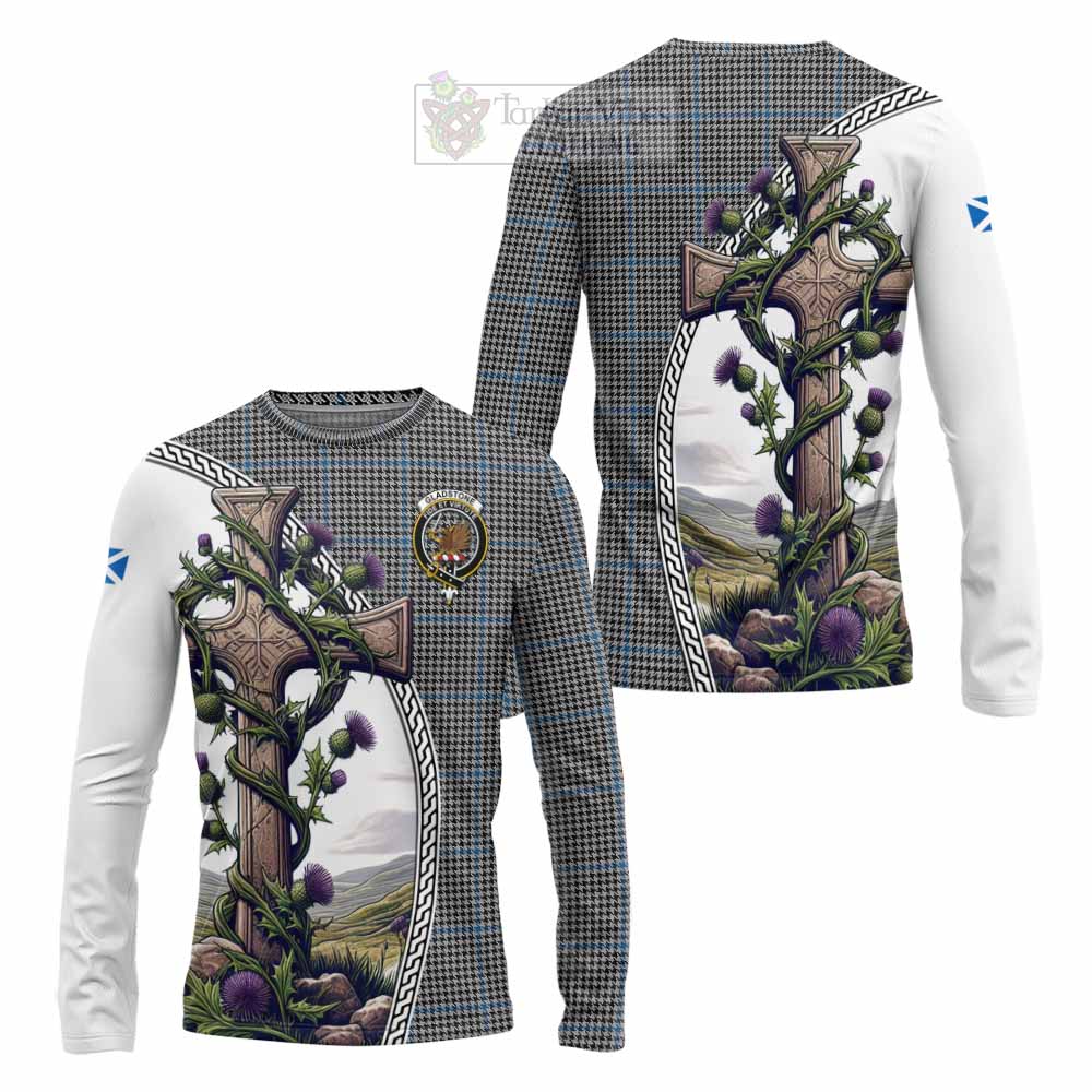 Tartan Vibes Clothing Gladstone (Gladstanes) Tartan Long Sleeve T-Shirt with Family Crest and St. Andrew's Cross Accented by Thistle Vines