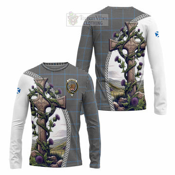 Gladstone (Gladstanes) Tartan Long Sleeve T-Shirt with Family Crest and St. Andrew's Cross Accented by Thistle Vines