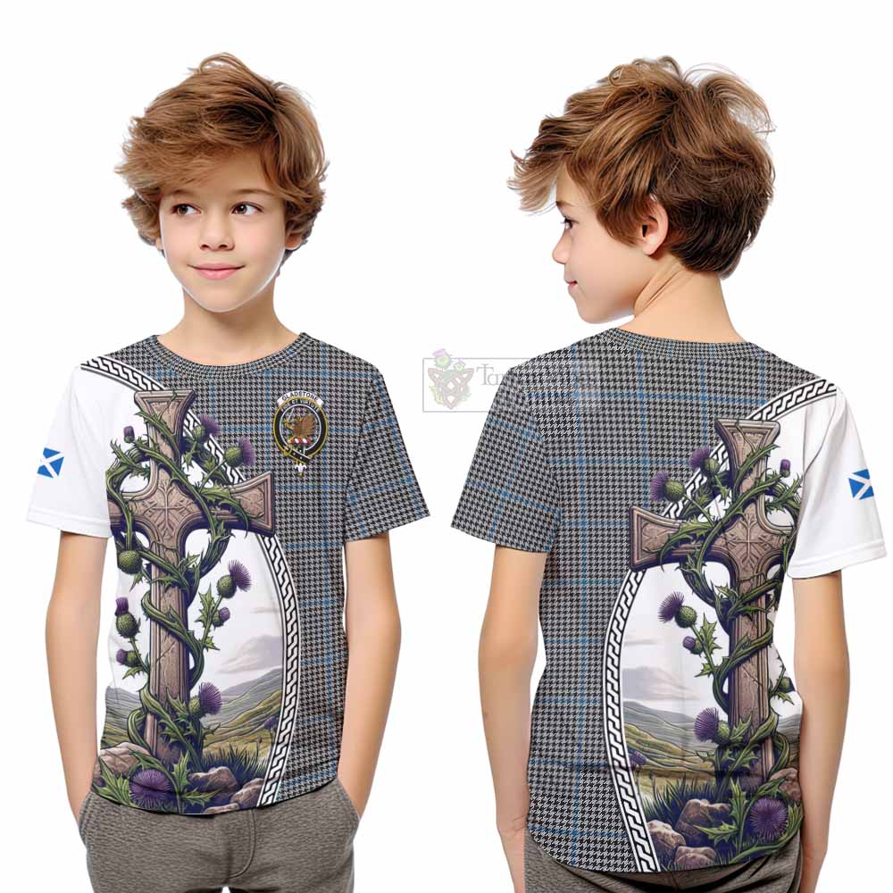 Tartan Vibes Clothing Gladstone (Gladstanes) Tartan Kid T-Shirt with Family Crest and St. Andrew's Cross Accented by Thistle Vines