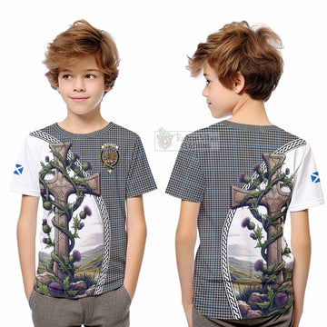 Gladstone (Gladstanes) Tartan Kid T-Shirt with Family Crest and St. Andrew's Cross Accented by Thistle Vines