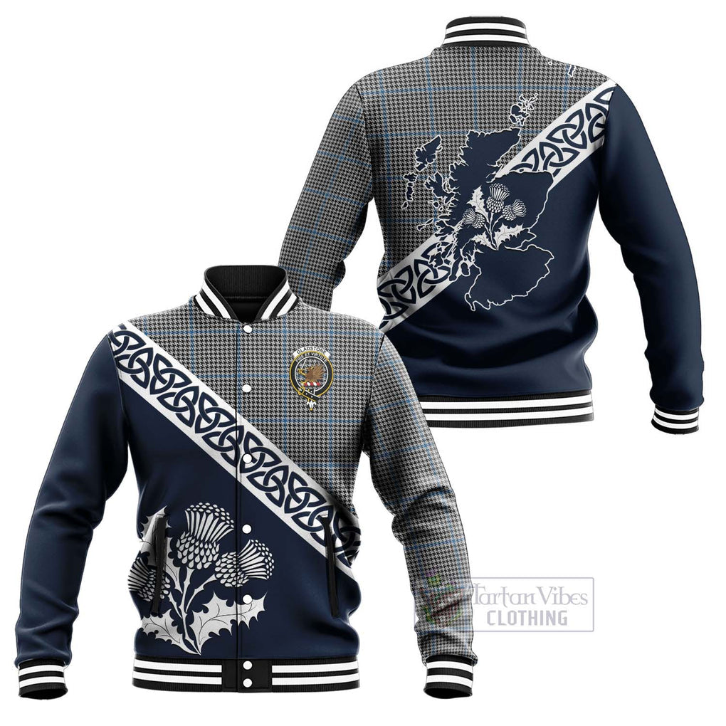 Tartan Vibes Clothing Gladstone (Gladstanes) Tartan Baseball Jacket Featuring Thistle and Scotland Map