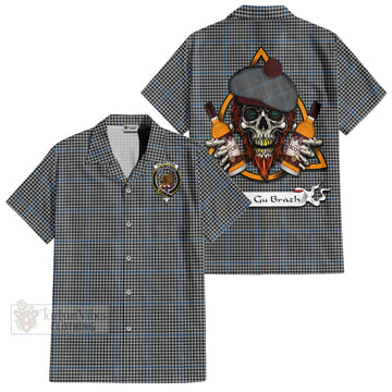 Gladstone (Gladstanes) Tartan Short Sleeve Button Shirt with Family Crest and Bearded Skull Holding Bottles of Whiskey