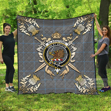 Gladstone (Gladstanes) Tartan Quilt with Family Crest and Scottish Golden Courage Shield