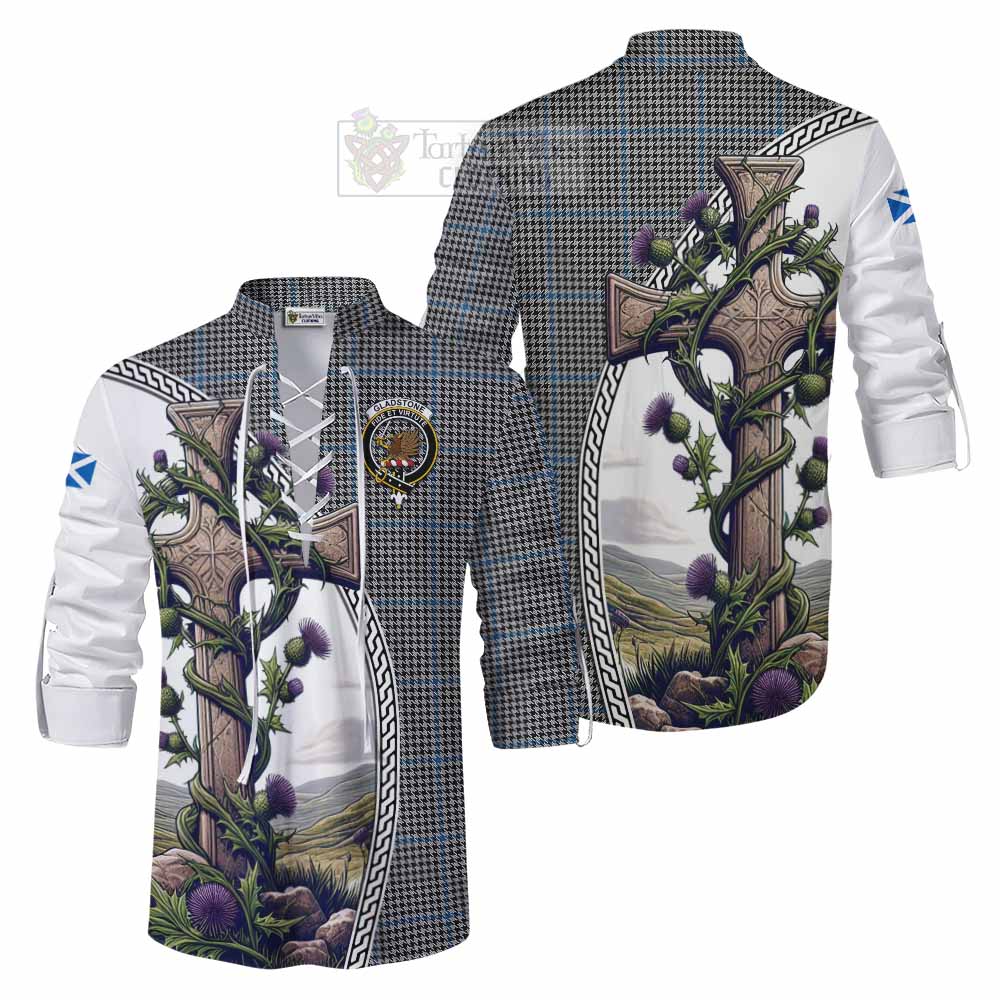 Tartan Vibes Clothing Gladstone (Gladstanes) Tartan Ghillie Kilt Shirt with Family Crest and St. Andrew's Cross Accented by Thistle Vines