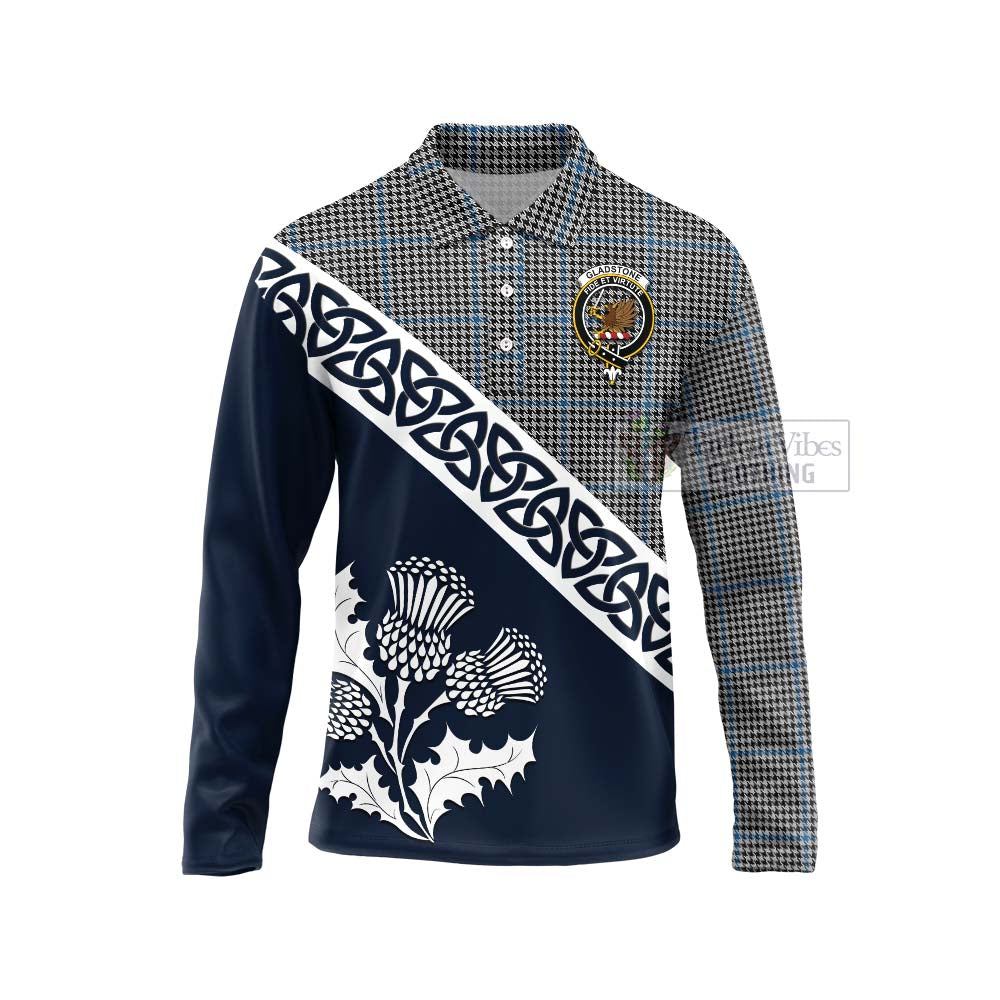 Tartan Vibes Clothing Gladstone (Gladstanes) Tartan Long Sleeve Polo Shirt Featuring Thistle and Scotland Map