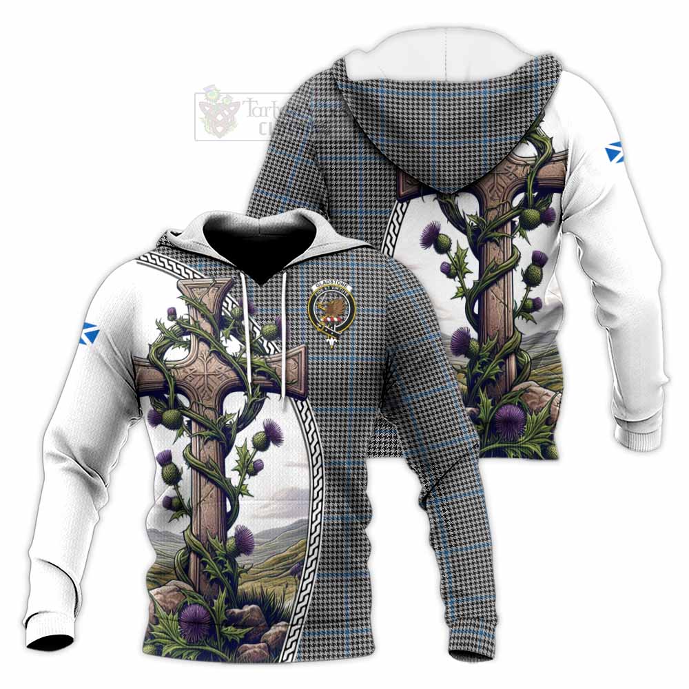 Tartan Vibes Clothing Gladstone (Gladstanes) Tartan Knitted Hoodie with Family Crest and St. Andrew's Cross Accented by Thistle Vines