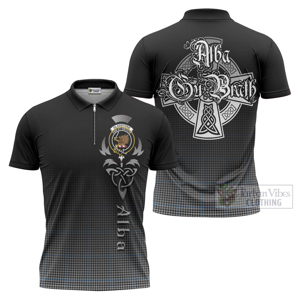 Tartan Vibes Clothing Gladstone (Gladstanes) Tartan Zipper Polo Shirt Featuring Alba Gu Brath Family Crest Celtic Inspired