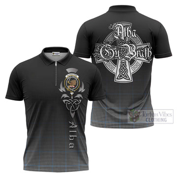 Gladstone (Gladstanes) Tartan Zipper Polo Shirt Featuring Alba Gu Brath Family Crest Celtic Inspired