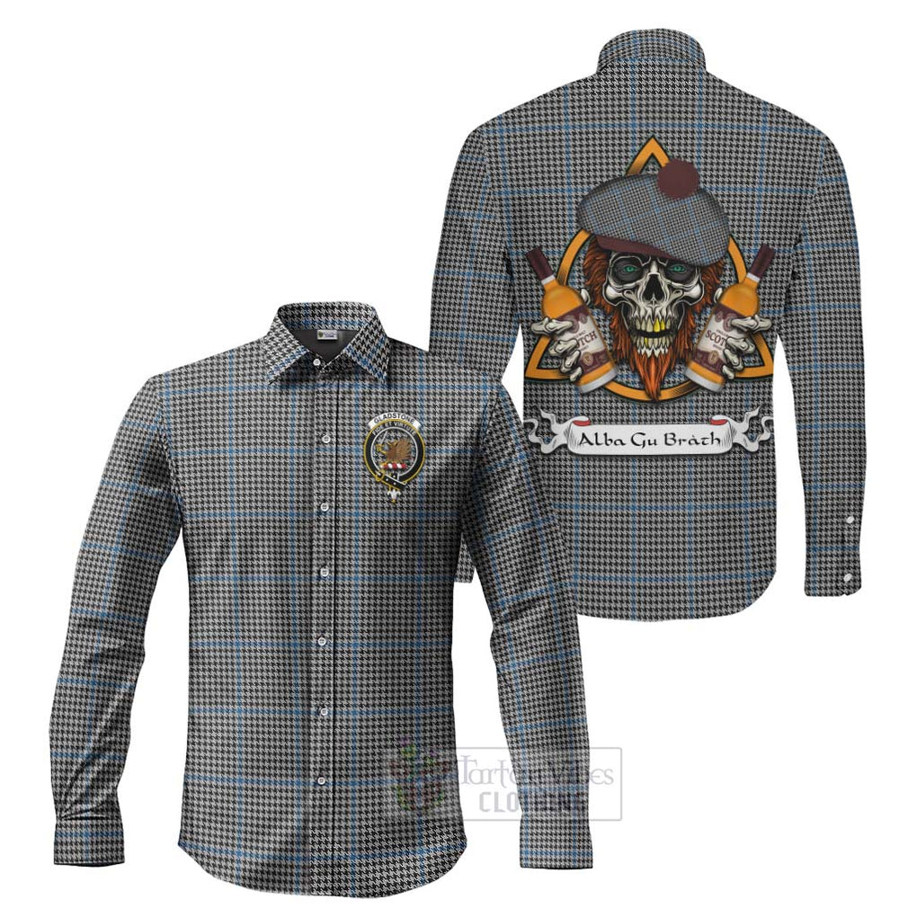 Tartan Vibes Clothing Gladstone (Gladstanes) Tartan Long Sleeve Button Shirt with Family Crest and Bearded Skull Holding Bottles of Whiskey