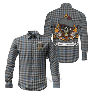 Gladstone (Gladstanes) Tartan Long Sleeve Button Shirt with Family Crest and Bearded Skull Holding Bottles of Whiskey