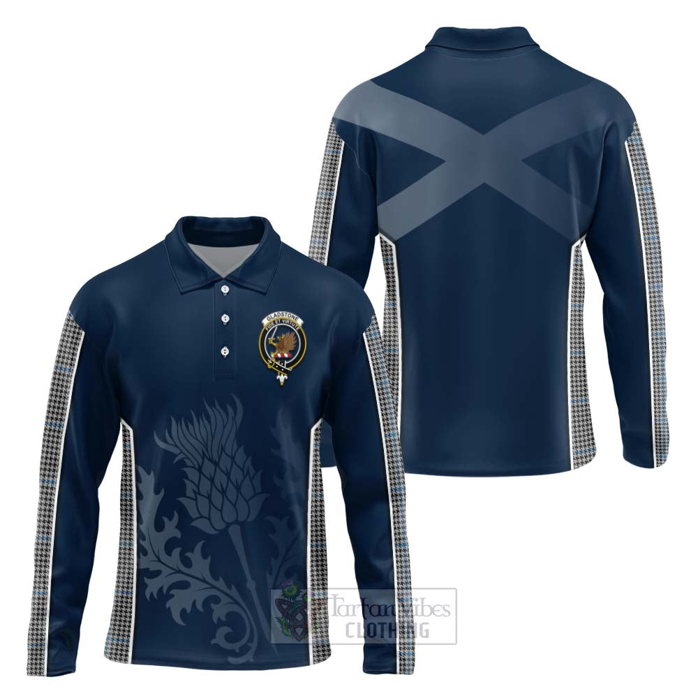 Tartan Vibes Clothing Gladstone (Gladstanes) Tartan Long Sleeve Polo Shirt with Family Crest and Scottish Thistle Vibes Sport Style