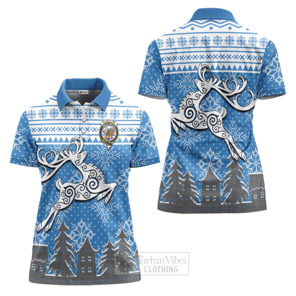 Tartan Vibes Clothing Gladstone (Gladstanes) Clan Christmas Women's Polo Shirt Celtic Reindeer Style