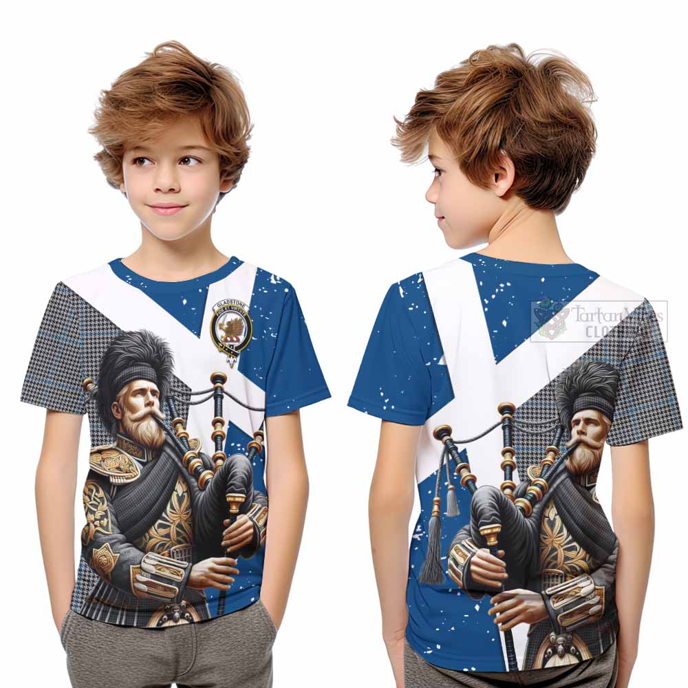 Tartan Vibes Clothing Gladstone (Gladstanes) Tartan Kid T-Shirt with Family Crest Scottish Bagpiper Vibes