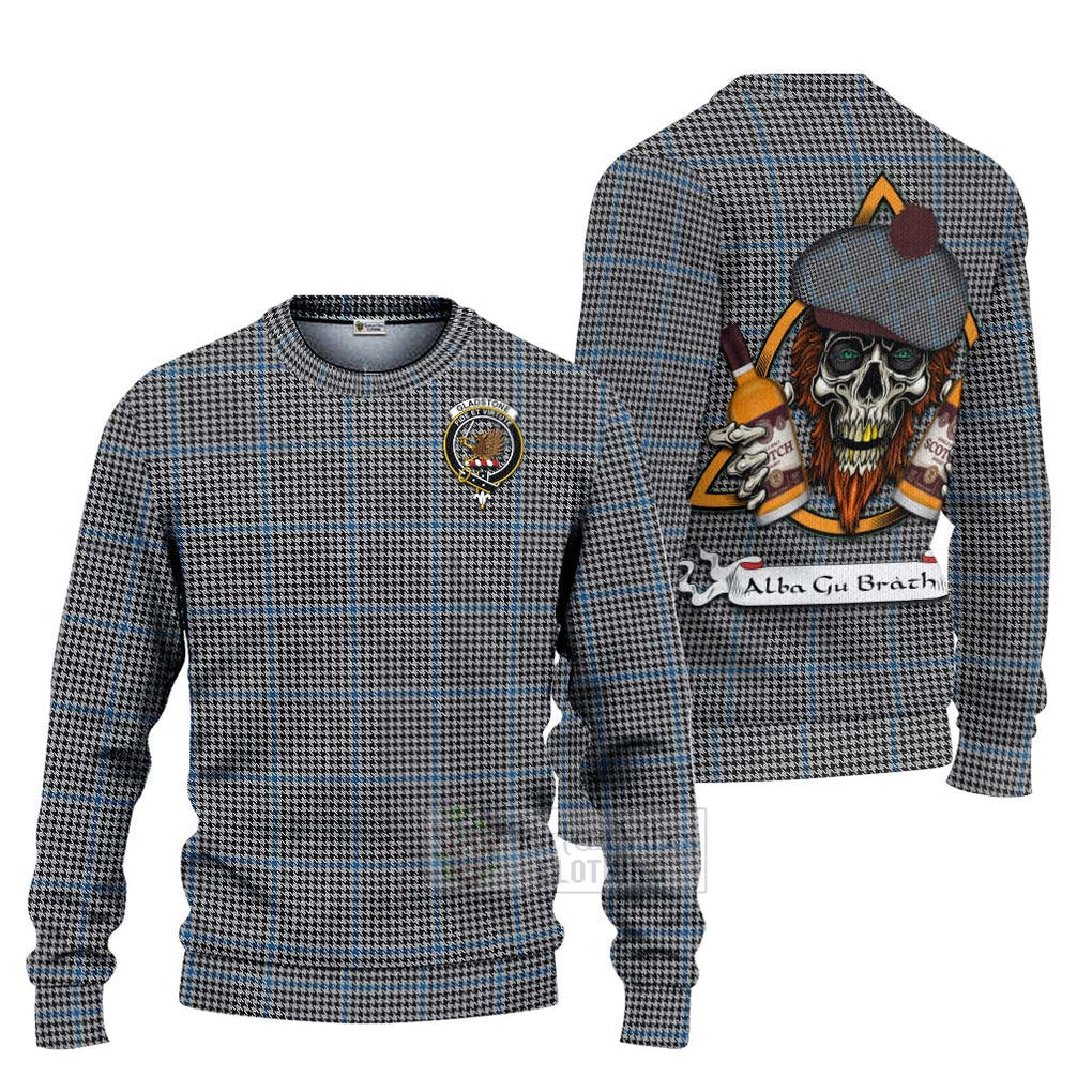 Tartan Vibes Clothing Gladstone (Gladstanes) Tartan Knitted Sweater with Family Crest and Bearded Skull Holding Bottles of Whiskey