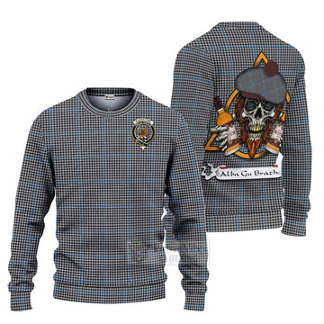 Gladstone (Gladstanes) Tartan Ugly Sweater with Family Crest and Bearded Skull Holding Bottles of Whiskey