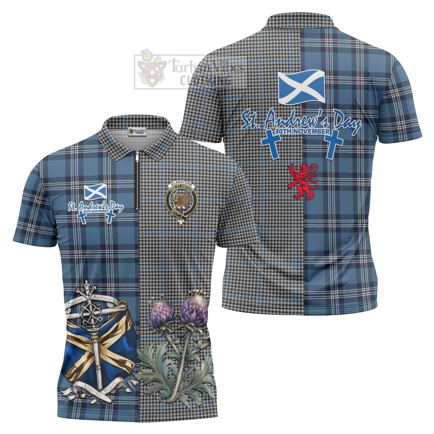 Tartan Vibes Clothing Gladstone (Gladstanes) Tartan Zipper Polo Shirt Happy St. Andrew's Day Half Tartan Style