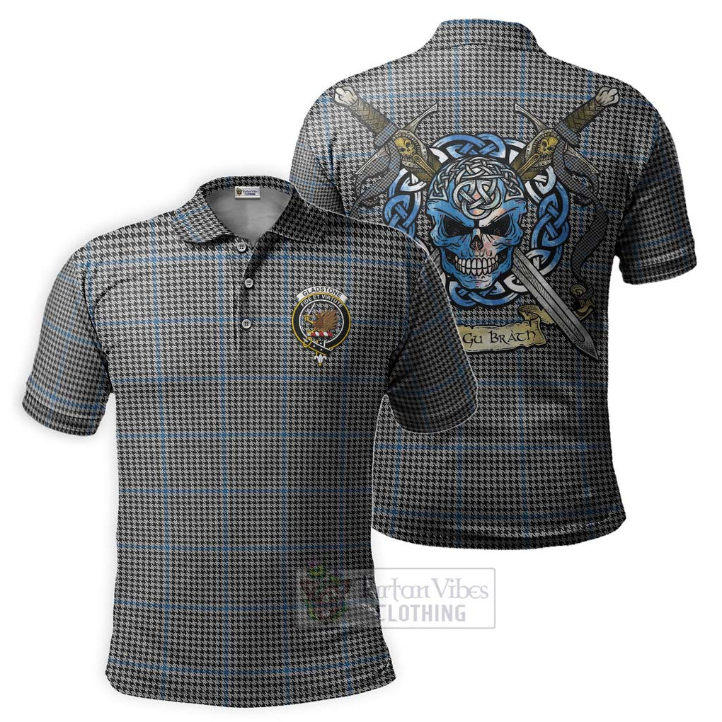 Tartan Vibes Clothing Gladstone (Gladstanes) Tartan Polo Shirt with Family Crest Celtic Skull Style