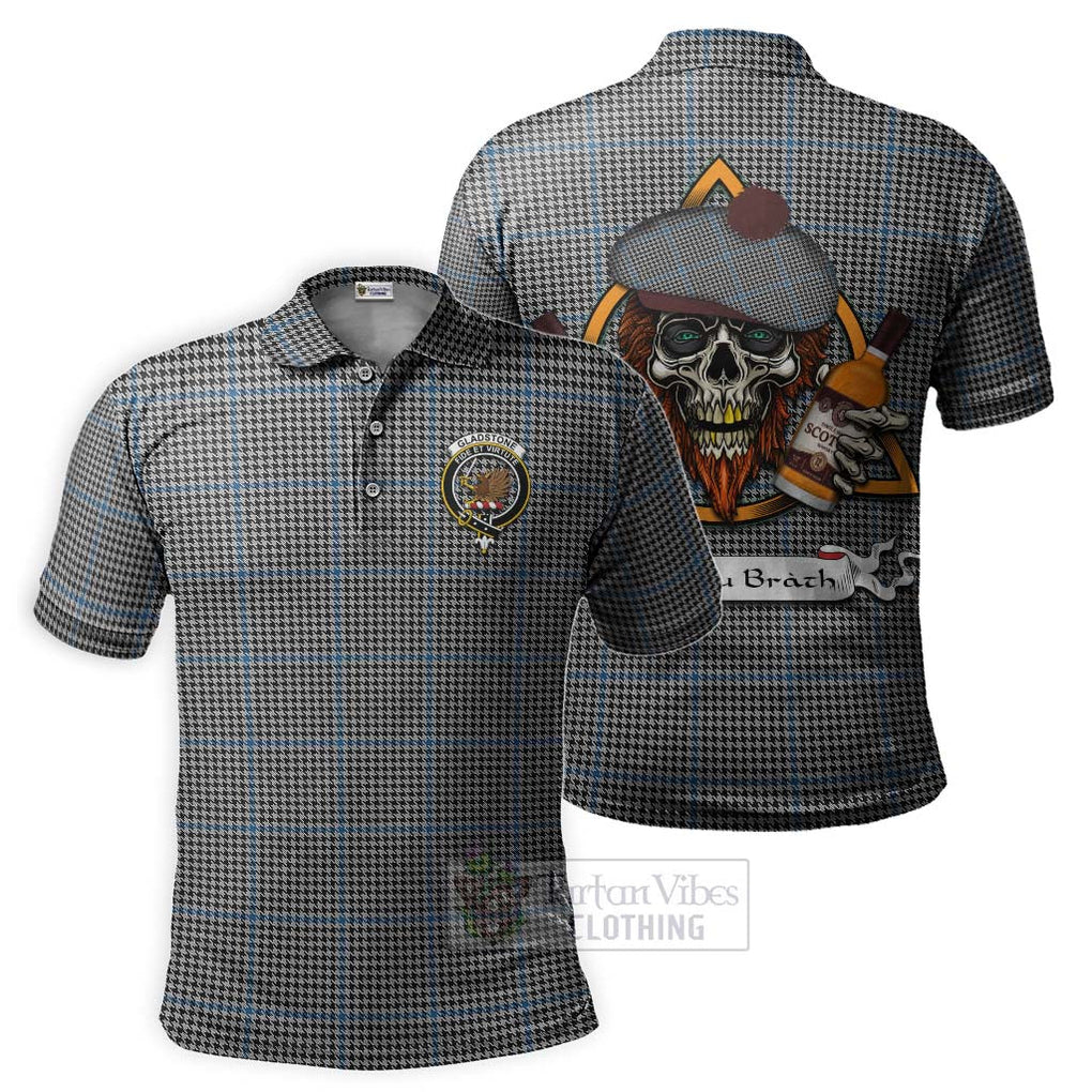 Tartan Vibes Clothing Gladstone (Gladstanes) Tartan Polo Shirt with Family Crest and Bearded Skull Holding Bottles of Whiskey