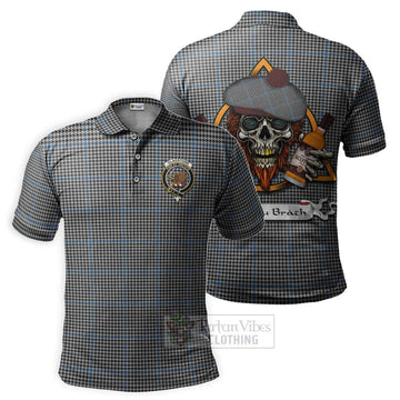 Gladstone (Gladstanes) Tartan Polo Shirt with Family Crest and Bearded Skull Holding Bottles of Whiskey