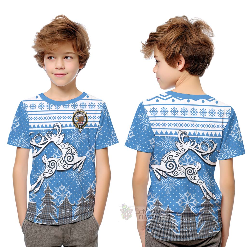 Tartan Vibes Clothing Gladstone (Gladstanes) Clan Christmas Kid T-Shirt Celtic Reindeer Style