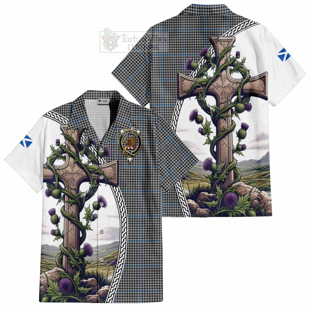 Tartan Vibes Clothing Gladstone (Gladstanes) Tartan Short Sleeve Button Shirt with Family Crest and St. Andrew's Cross Accented by Thistle Vines