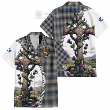 Gladstone (Gladstanes) Tartan Short Sleeve Button Shirt with Family Crest and St. Andrew's Cross Accented by Thistle Vines