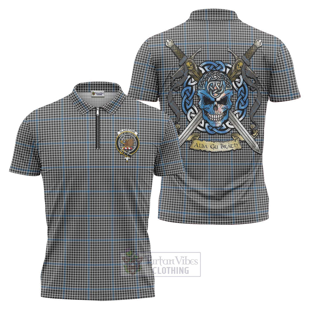 Tartan Vibes Clothing Gladstone (Gladstanes) Tartan Zipper Polo Shirt with Family Crest Celtic Skull Style