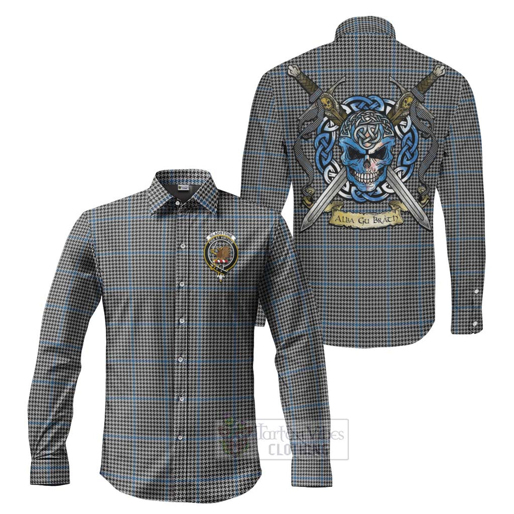 Tartan Vibes Clothing Gladstone (Gladstanes) Tartan Long Sleeve Button Shirt with Family Crest Celtic Skull Style