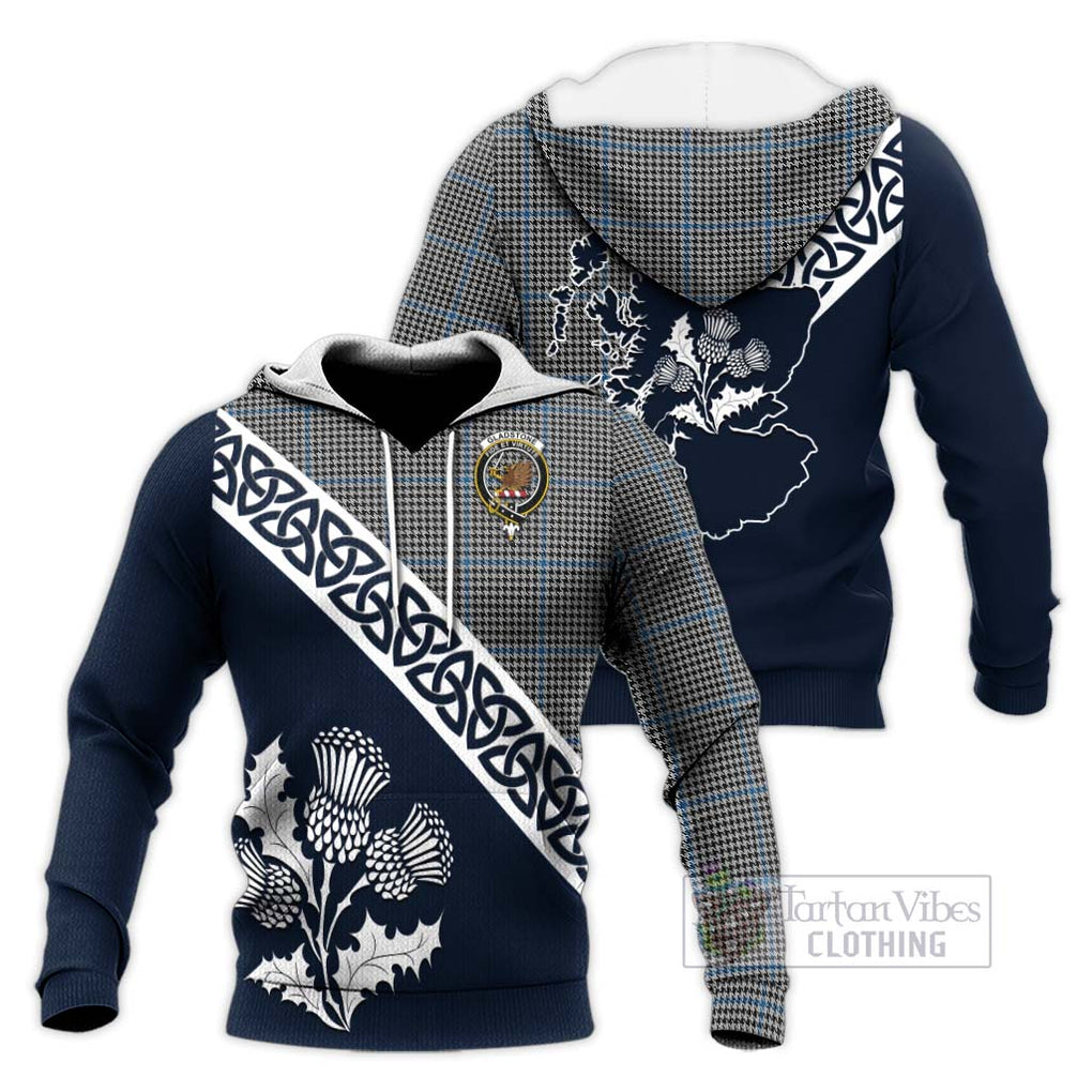 Tartan Vibes Clothing Gladstone (Gladstanes) Tartan Knitted Hoodie Featuring Thistle and Scotland Map