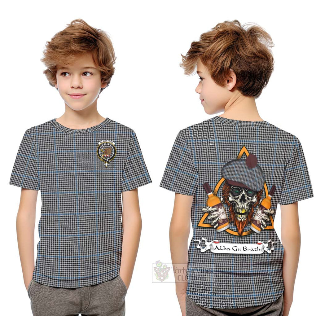 Tartan Vibes Clothing Gladstone (Gladstanes) Tartan Kid T-Shirt with Family Crest and Bearded Skull Holding Bottles of Whiskey