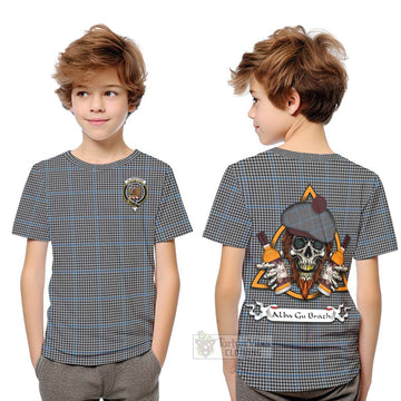 Gladstone (Gladstanes) Tartan Kid T-Shirt with Family Crest and Bearded Skull Holding Bottles of Whiskey