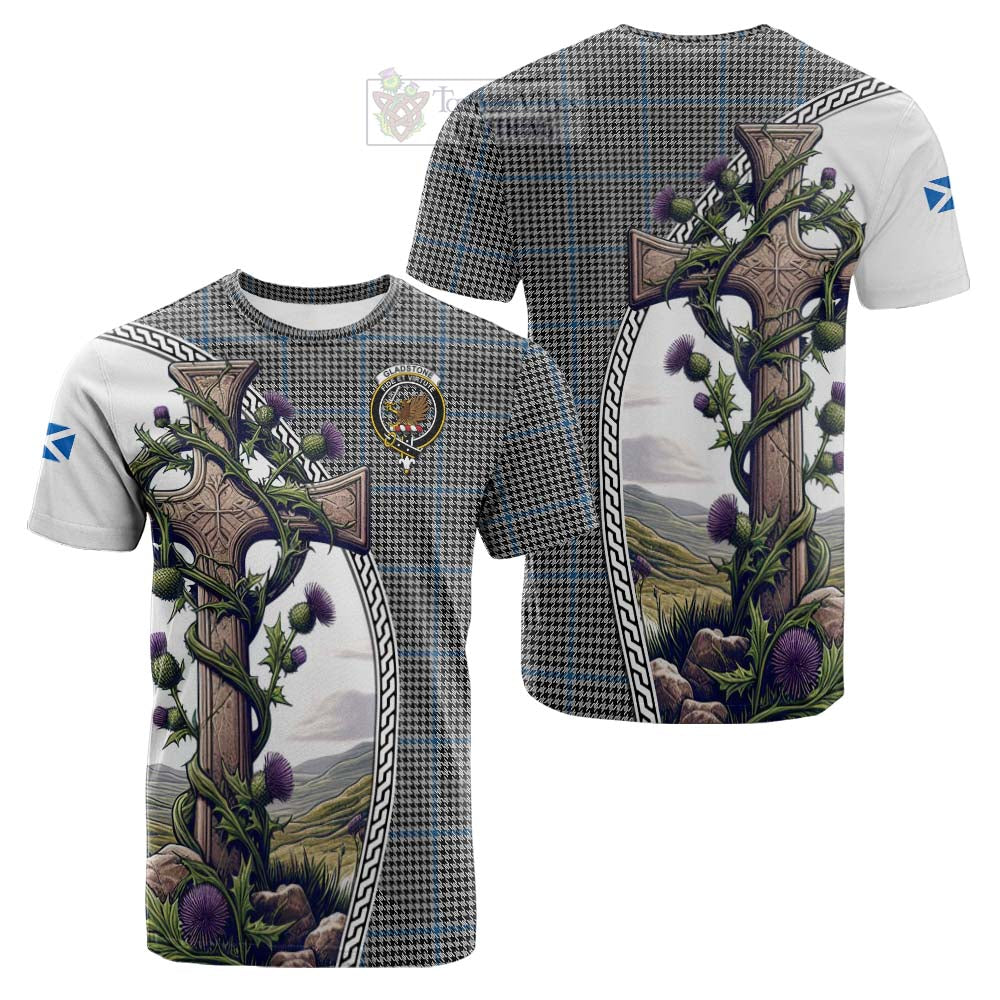 Tartan Vibes Clothing Gladstone (Gladstanes) Tartan Cotton T-shirt with Family Crest and St. Andrew's Cross Accented by Thistle Vines