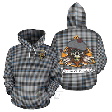 Gladstone (Gladstanes) Tartan Hoodie with Family Crest and Bearded Skull Holding Bottles of Whiskey