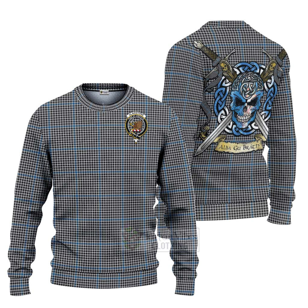 Tartan Vibes Clothing Gladstone (Gladstanes) Tartan Knitted Sweater with Family Crest Celtic Skull Style