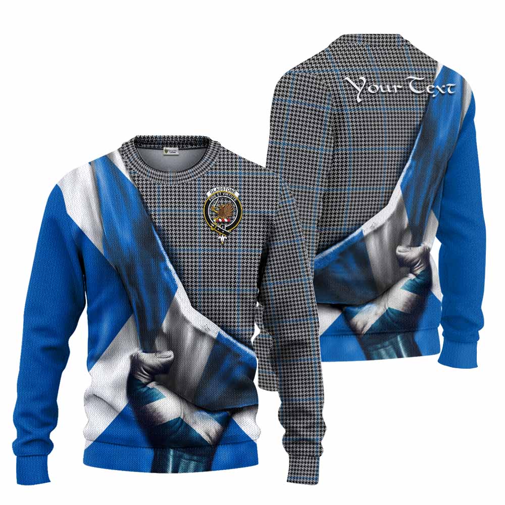 Tartan Vibes Clothing Gladstone (Gladstanes) Tartan Knitted Sweater with Family Crest Scotland Patriotic Style