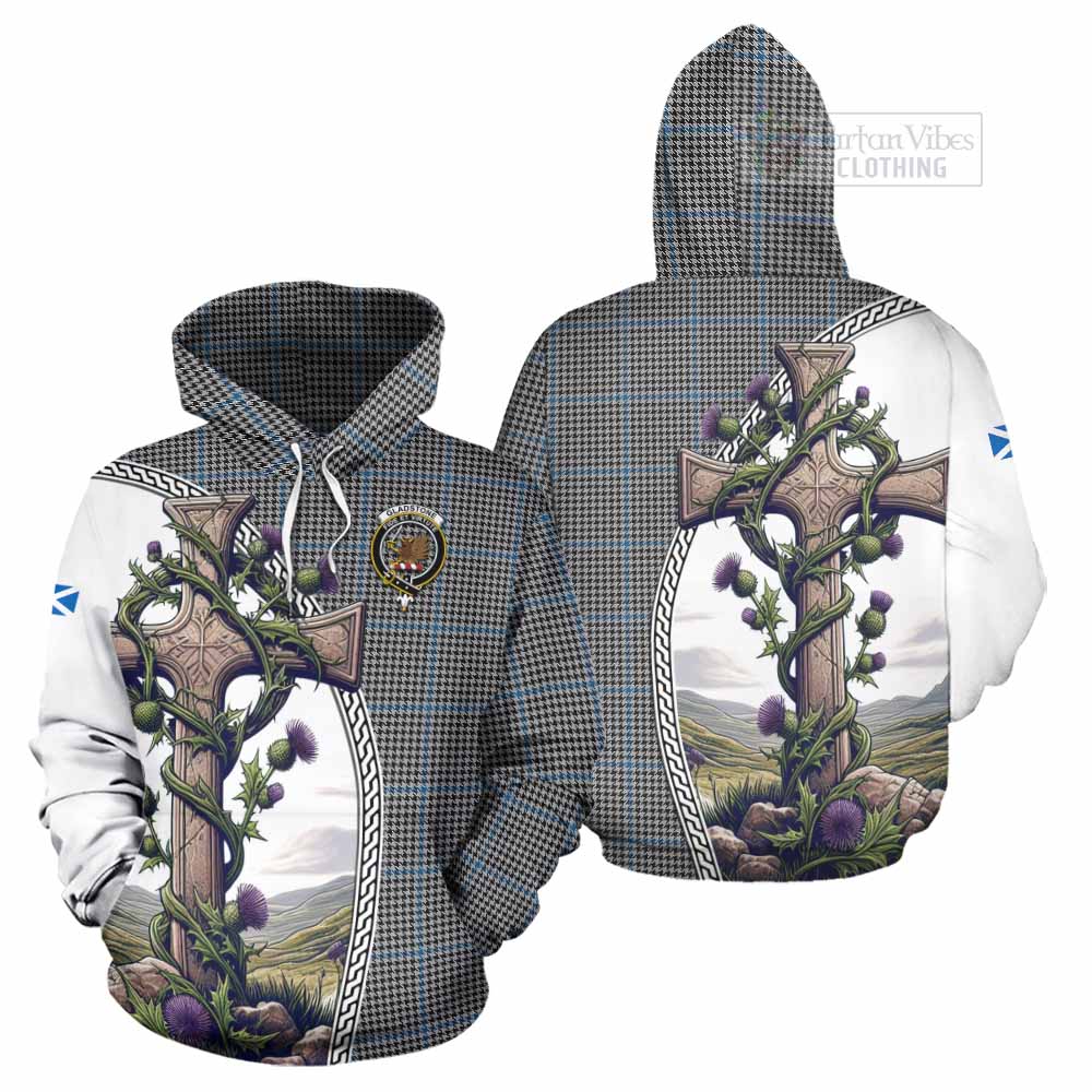 Tartan Vibes Clothing Gladstone (Gladstanes) Tartan Hoodie with Family Crest and St. Andrew's Cross Accented by Thistle Vines