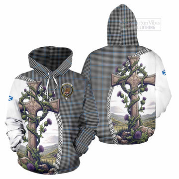 Gladstone (Gladstanes) Tartan Hoodie with Family Crest and St. Andrew's Cross Accented by Thistle Vines