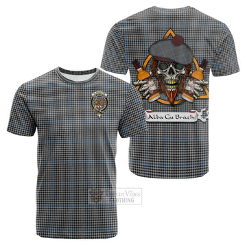 Gladstone (Gladstanes) Tartan Cotton T-shirt with Family Crest and Bearded Skull Holding Bottles of Whiskey