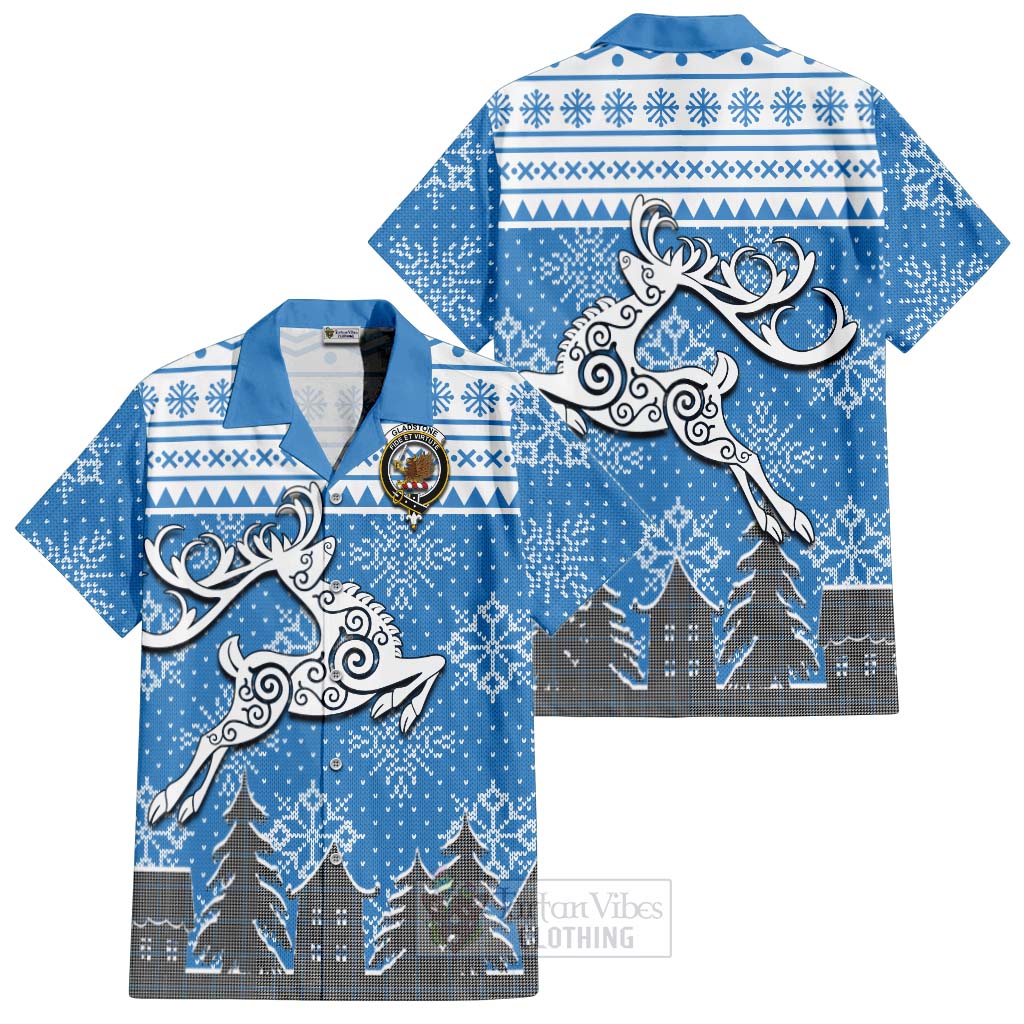 Tartan Vibes Clothing Gladstone (Gladstanes) Clan Christmas Short Sleeve Button Shirt Celtic Reindeer Style