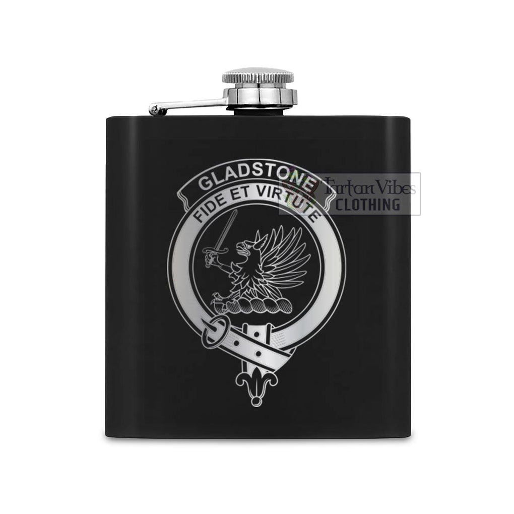 Tartan Vibes Clothing Gladstone (Gladstanes) Crest Hip Flask Set 7oz Black Stainless Steel with A Gift Box