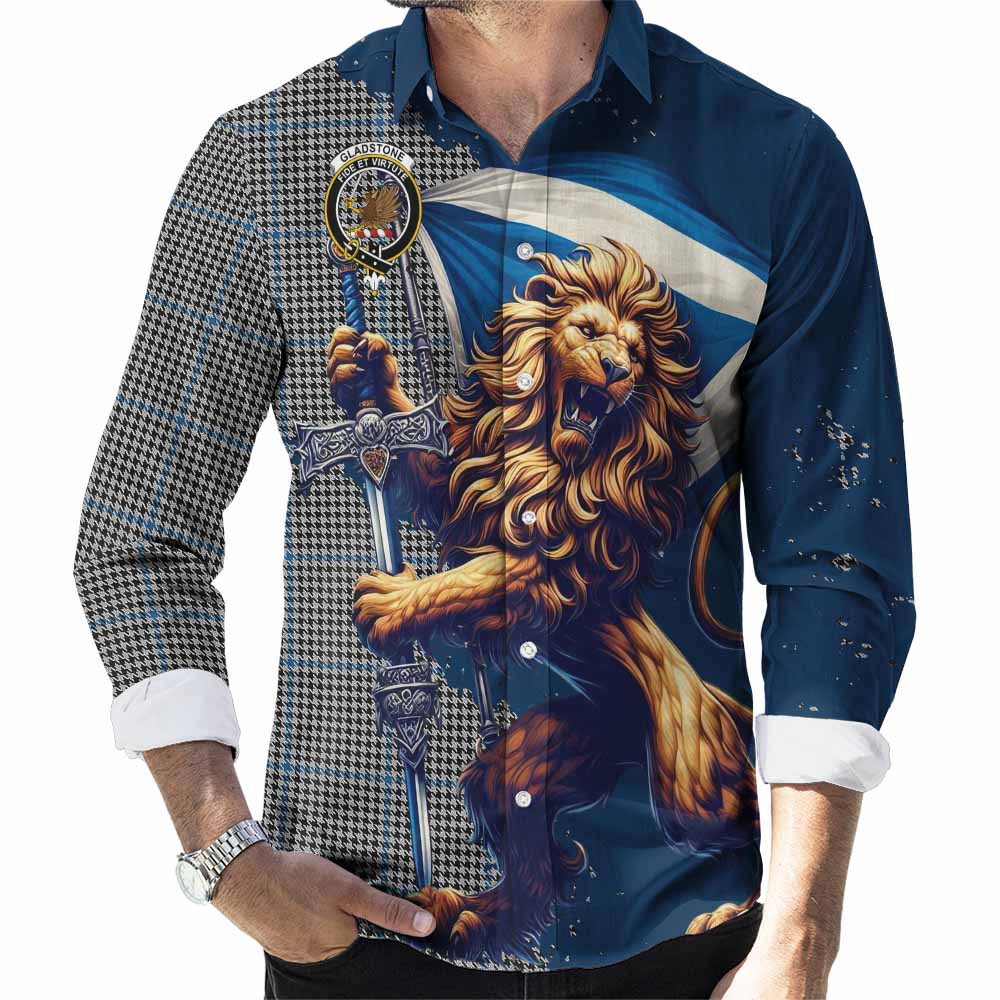 Tartan Vibes Clothing Gladstone (Gladstanes) Tartan Family Crest Long Sleeve Button Shirt with Scottish Majestic Lion