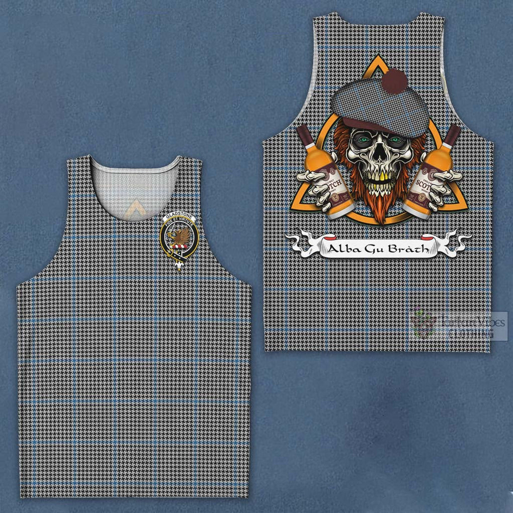 Tartan Vibes Clothing Gladstone (Gladstanes) Tartan Men's Tank Top with Family Crest and Bearded Skull Holding Bottles of Whiskey